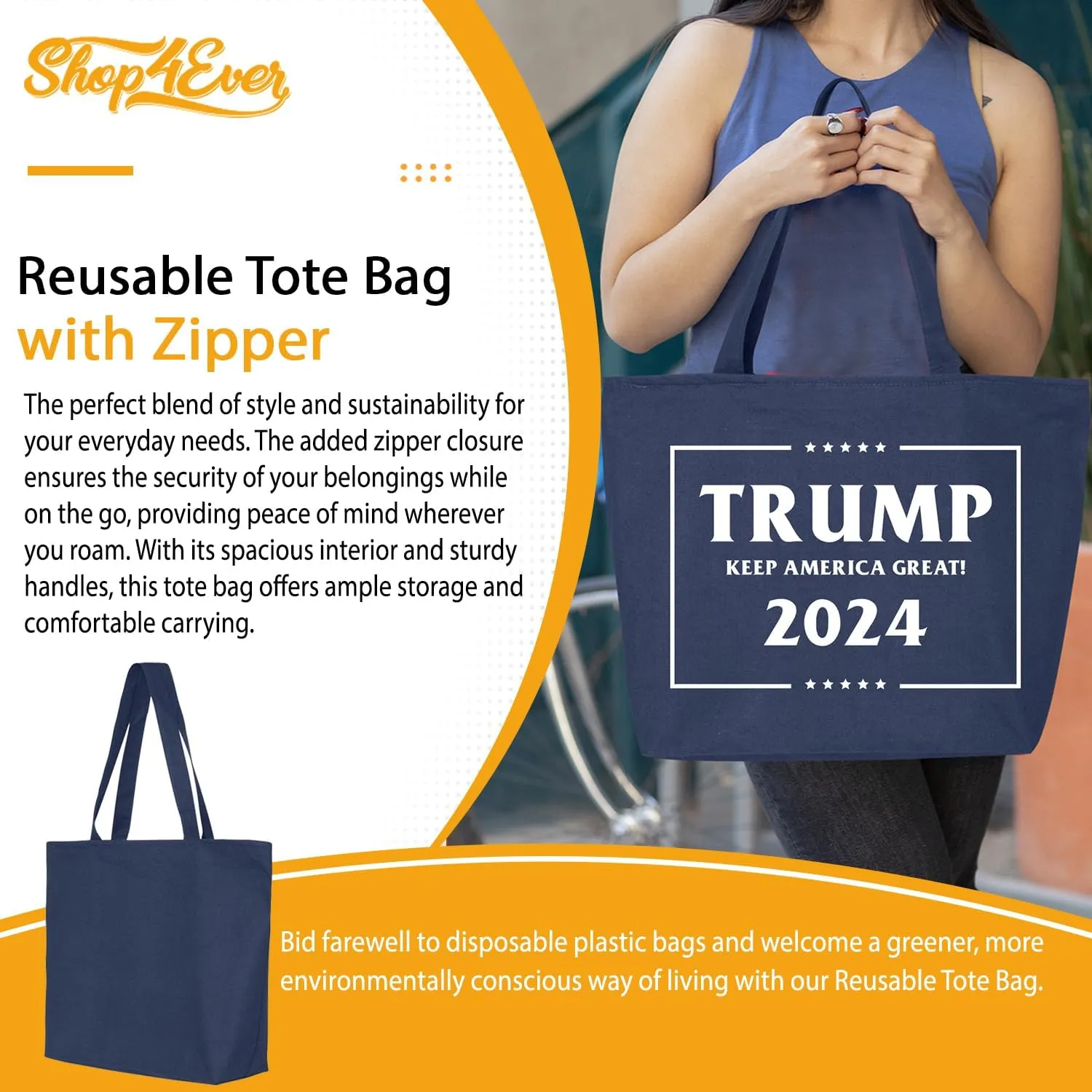 shop4ever Trump Keep America Great 2024 45th US President Heavy Canvas Tote with Zipper Reusable Shopping Bag