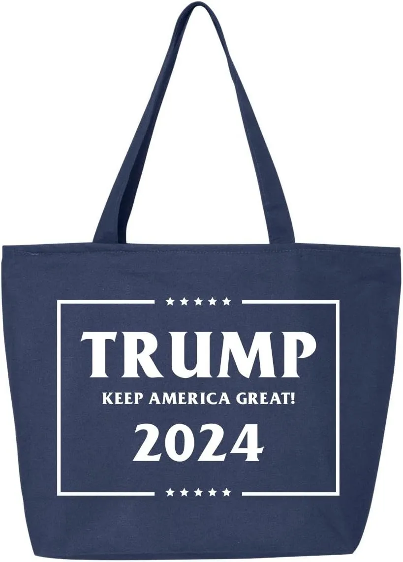 shop4ever Trump Keep America Great 2024 45th US President Heavy Canvas Tote with Zipper Reusable Shopping Bag