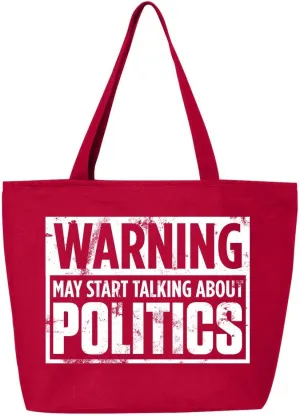 shop4ever Warning May Start Talking About Politics Heavy Canvas Tote with Zipper Reusable Shopping Bag Funny Sarcastic Gift