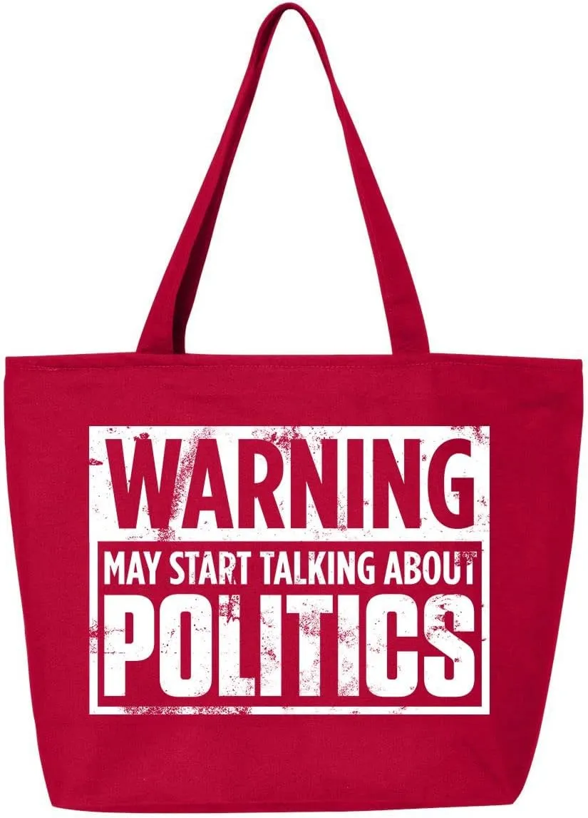 shop4ever Warning May Start Talking About Politics Heavy Canvas Tote with Zipper Reusable Shopping Bag Funny Sarcastic Gift