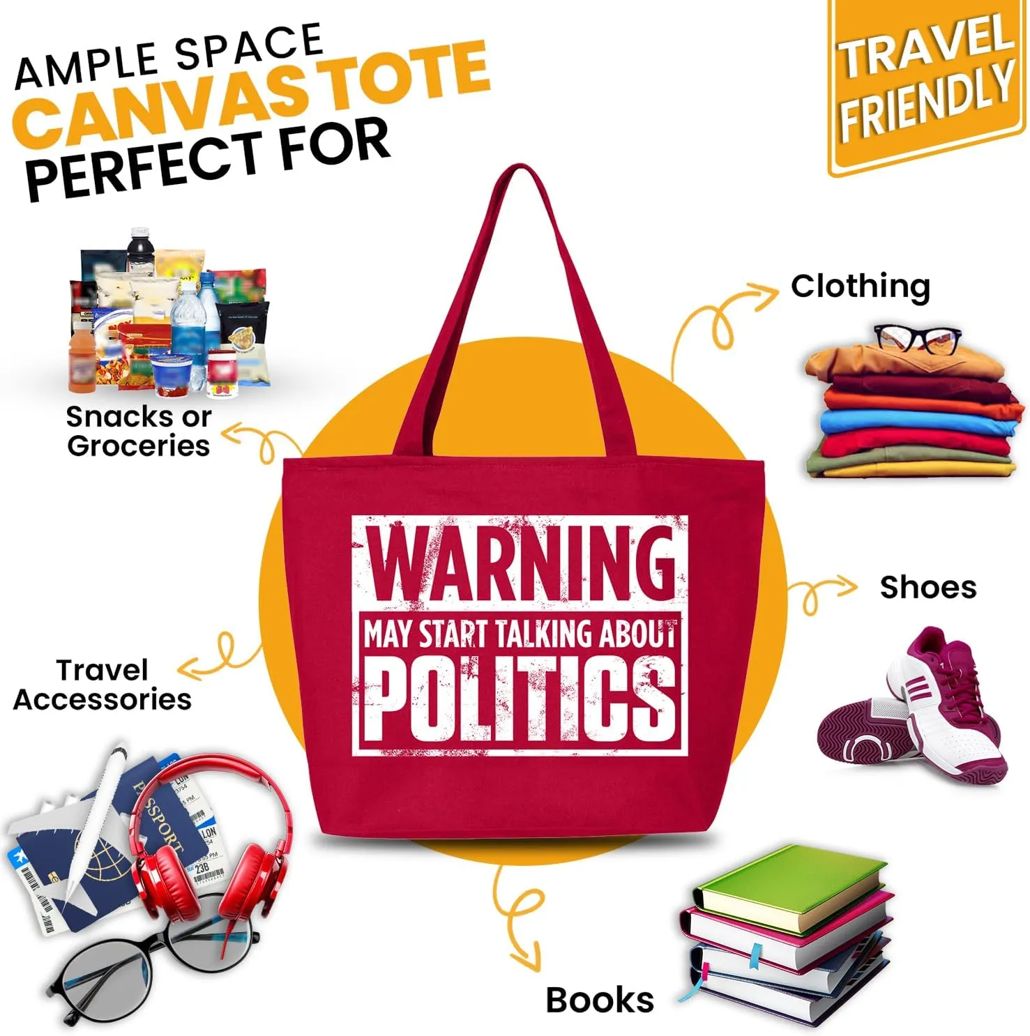 shop4ever Warning May Start Talking About Politics Heavy Canvas Tote with Zipper Reusable Shopping Bag Funny Sarcastic Gift