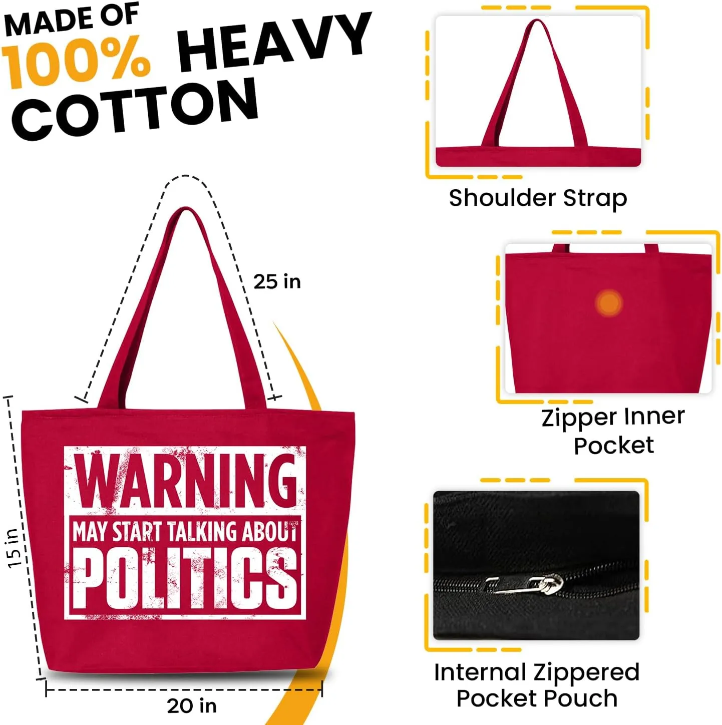 shop4ever Warning May Start Talking About Politics Heavy Canvas Tote with Zipper Reusable Shopping Bag Funny Sarcastic Gift