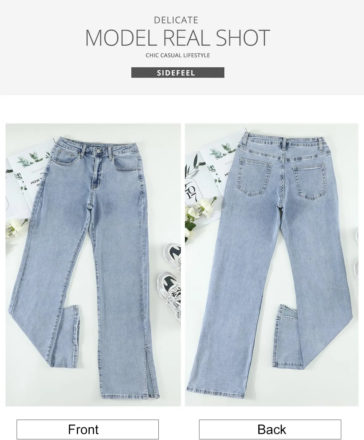 Sidefeel Women's Ripped High Waisted Flared Jeans Wide Leg Destroyed Denim Pants