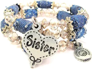 Sister Quilted Heart Blue Jean Distressed Denim Bead Wrap Bracelet