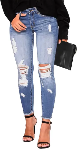 Skinny Jeans for Women Stretchy High Waisted Ripped Jeans Tummy Control Distressed Denim Leggings with Pockets