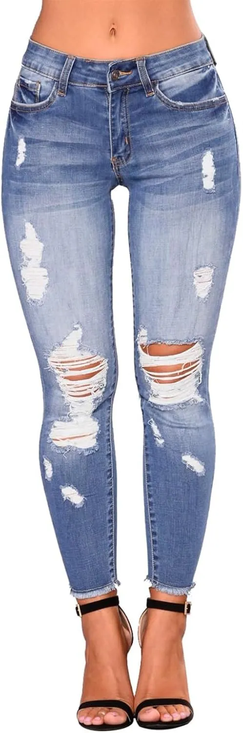 Skinny Jeans for Women Stretchy High Waisted Ripped Jeans Tummy Control Distressed Denim Leggings with Pockets