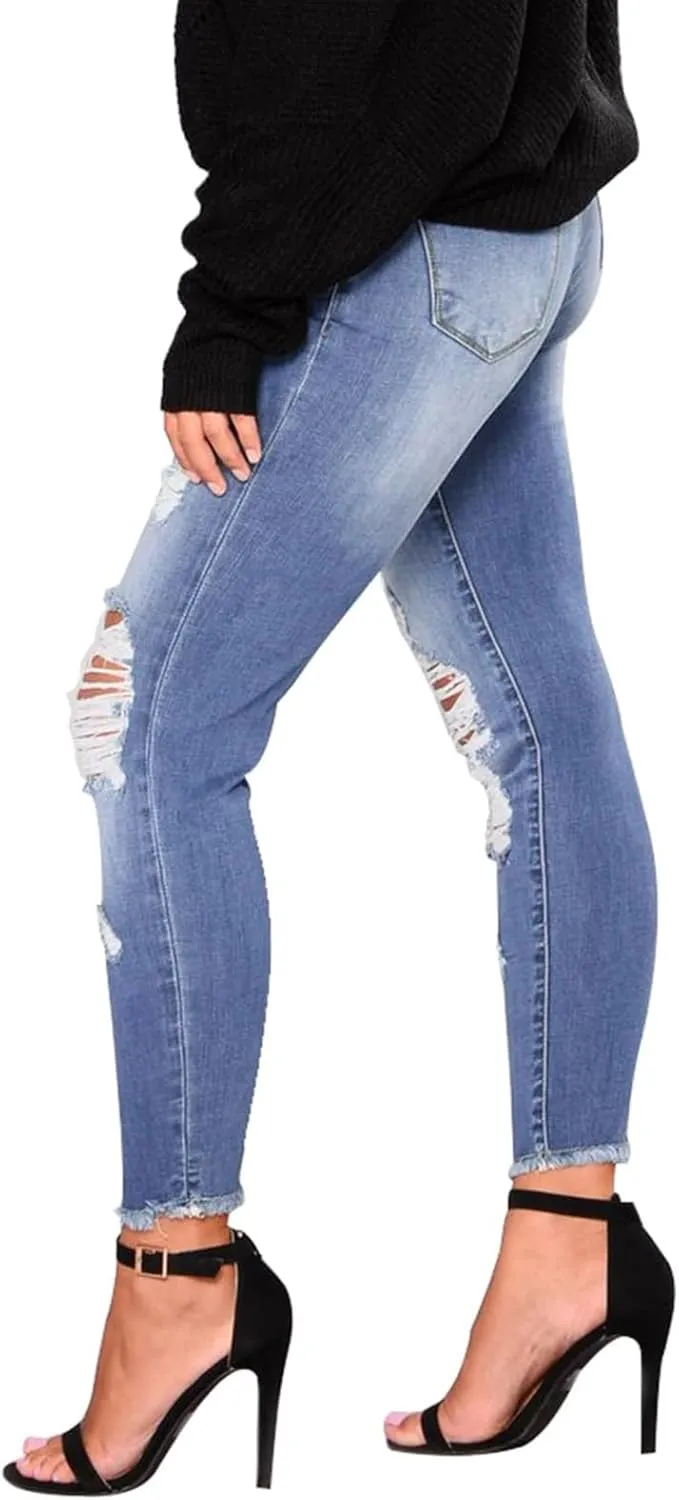 Skinny Jeans for Women Stretchy High Waisted Ripped Jeans Tummy Control Distressed Denim Leggings with Pockets