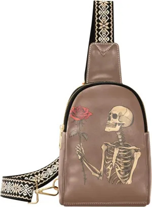 Skull Rose Mini Crossbody Bag with Full-Print PU Leather Fashion Waist Pack with Adjustable Strap & Card Holder Great for Hiking Fishing Beach Travel & More