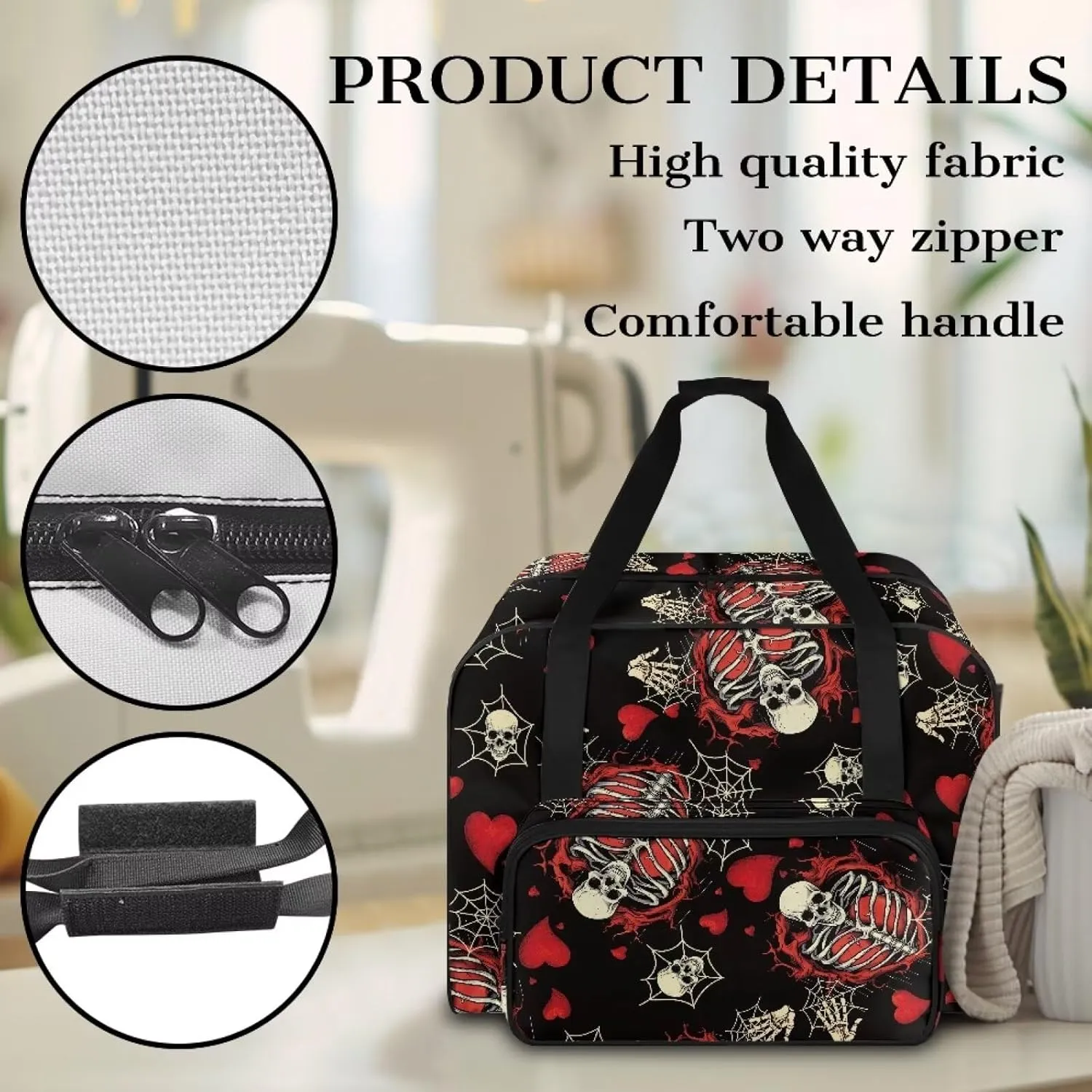 Skull Sewing Machine Carrying Case, Flower Plants Portable Sewing Machine Carry Bag with Zippers and Handle Dust Cover Bag with Pocket for Most Standard Sewing Machines