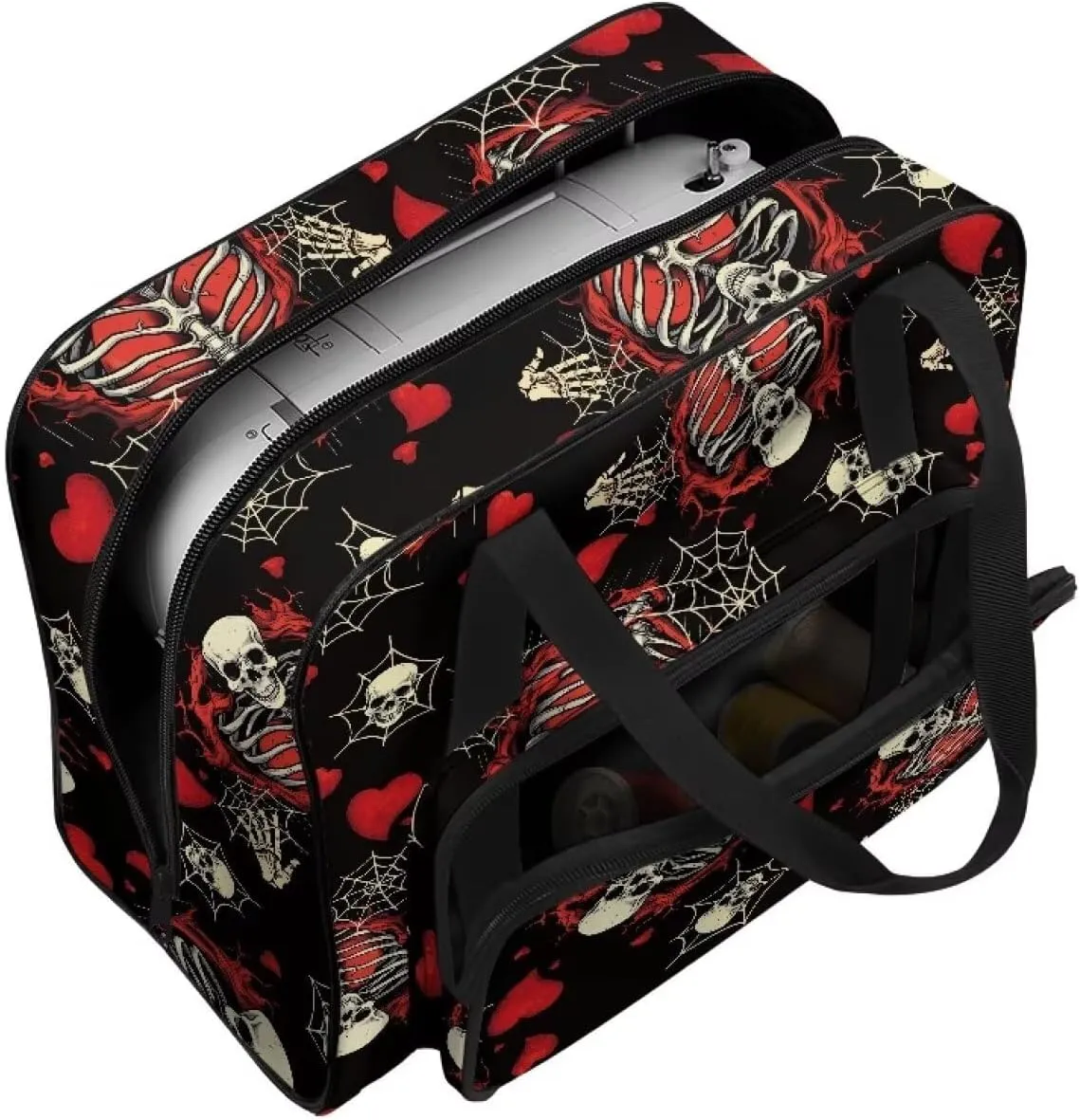 Skull Sewing Machine Carrying Case, Flower Plants Portable Sewing Machine Carry Bag with Zippers and Handle Dust Cover Bag with Pocket for Most Standard Sewing Machines
