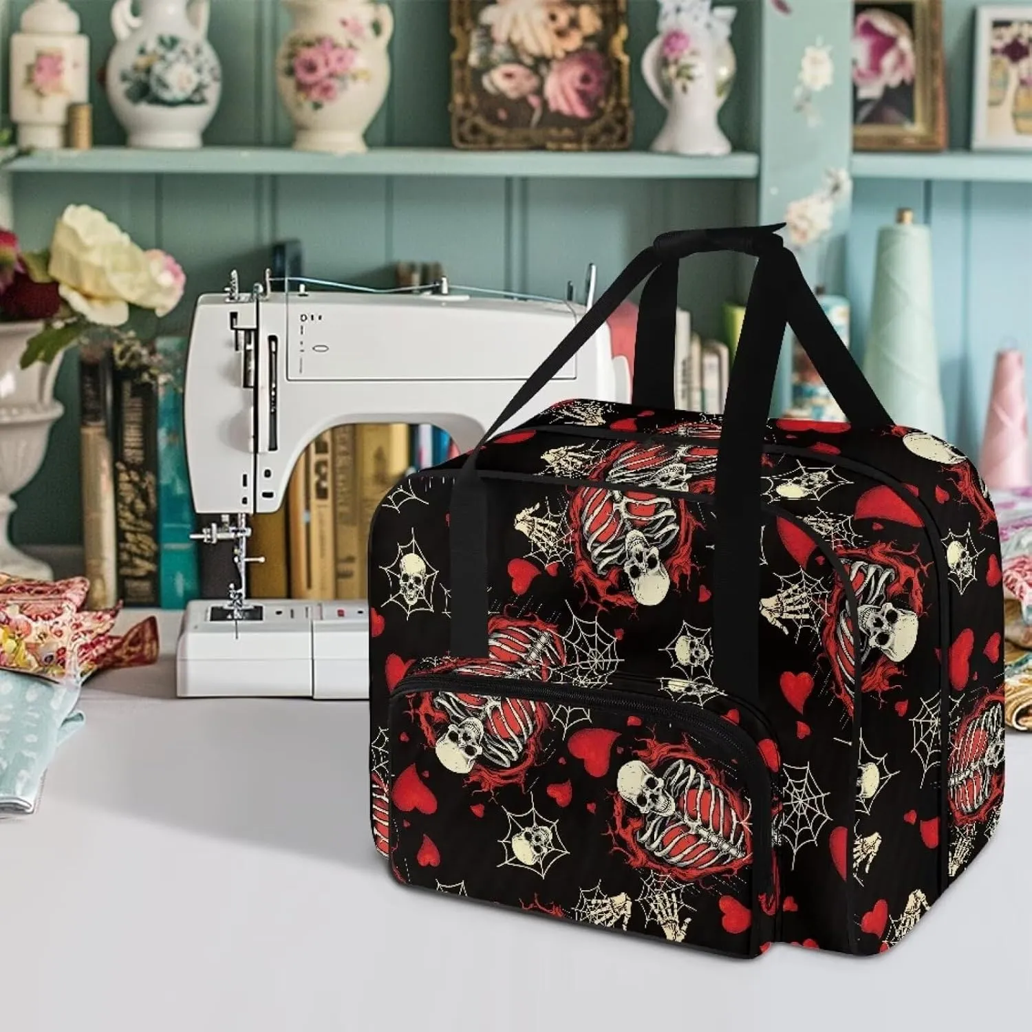 Skull Sewing Machine Carrying Case, Flower Plants Portable Sewing Machine Carry Bag with Zippers and Handle Dust Cover Bag with Pocket for Most Standard Sewing Machines