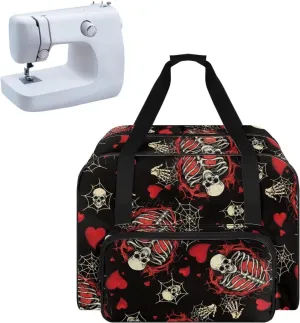 Skull Sewing Machine Carrying Case, Flower Plants Portable Sewing Machine Carry Bag with Zippers and Handle Dust Cover Bag with Pocket for Most Standard Sewing Machines
