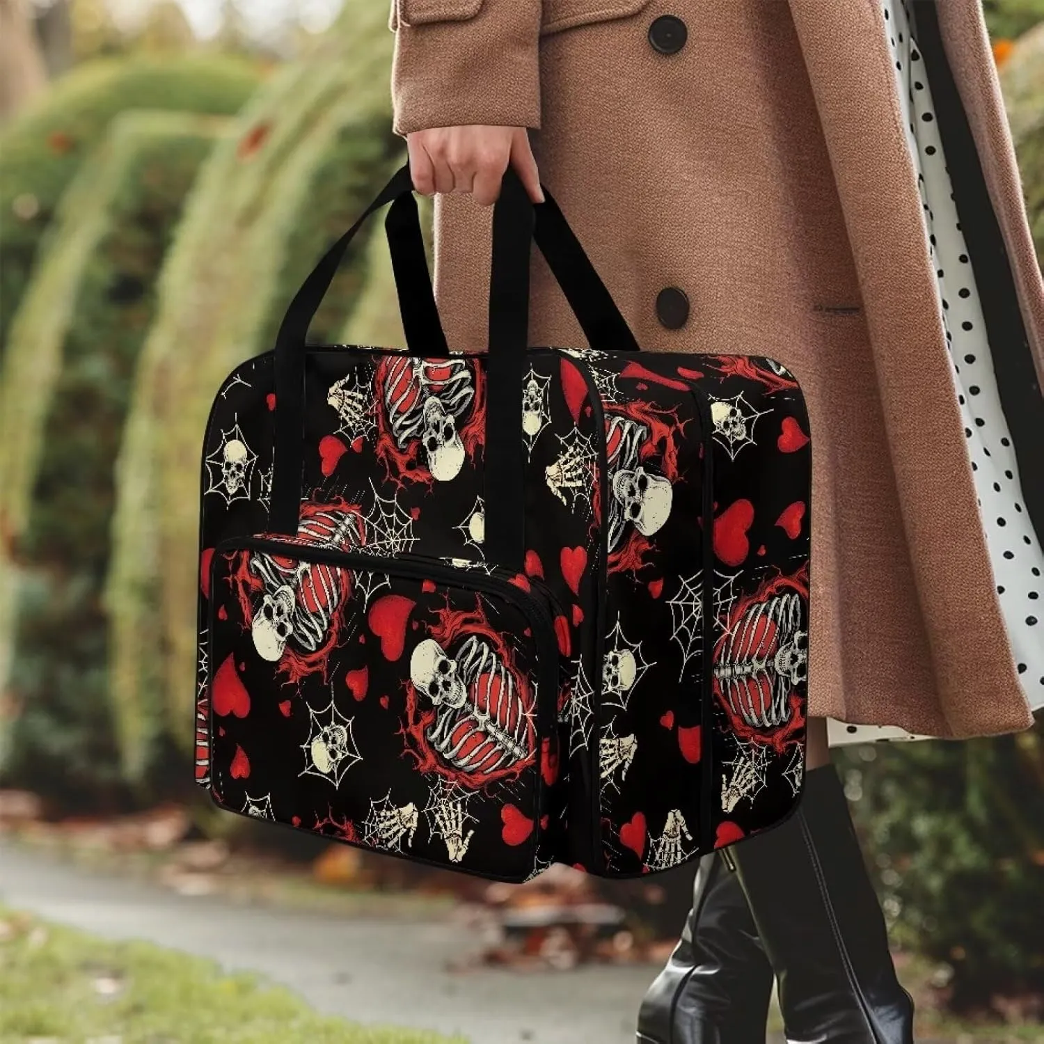 Skull Sewing Machine Carrying Case, Flower Plants Portable Sewing Machine Carry Bag with Zippers and Handle Dust Cover Bag with Pocket for Most Standard Sewing Machines