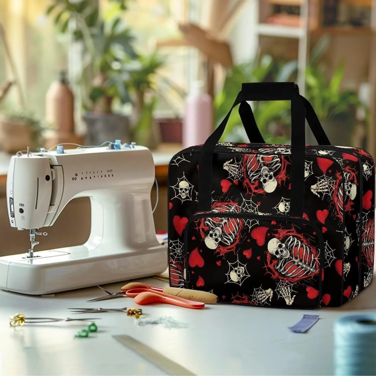 Skull Sewing Machine Carrying Case, Flower Plants Portable Sewing Machine Carry Bag with Zippers and Handle Dust Cover Bag with Pocket for Most Standard Sewing Machines