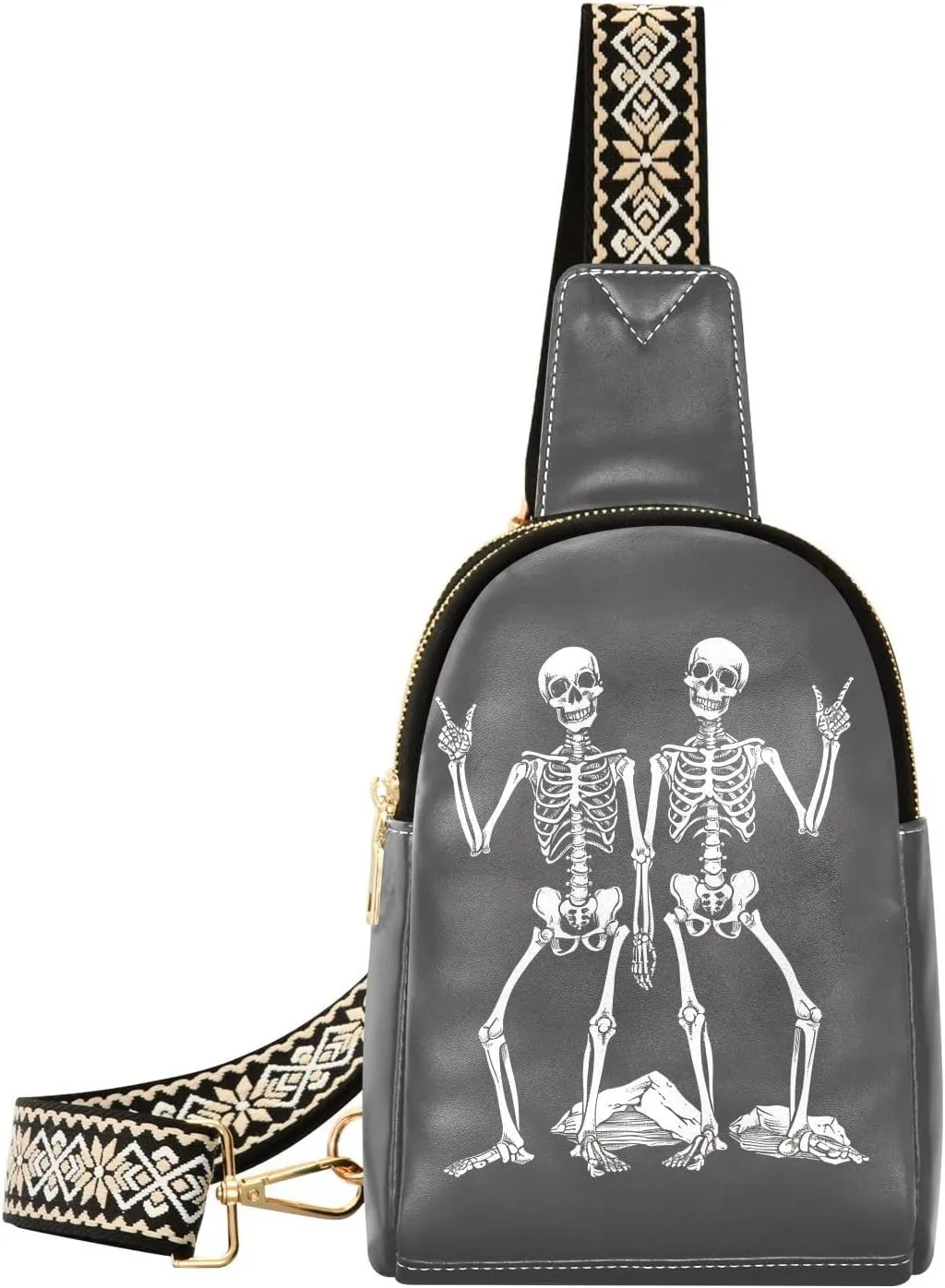 Skull Skeleton Full-Print Leather Fashion Waist Pack Small Crossbody Bag with Card Slots & Adjustable Strap for Biking Shopping Hiking Running & Casual Outings