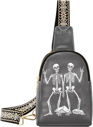 Skull Skeleton Full-Print Leather Fashion Waist Pack Small Crossbody Bag with Card Slots & Adjustable Strap for Biking Shopping Hiking Running & Casual Outings