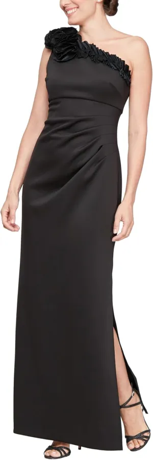 S.L. Fashions Women's Long Length Scuba One Shoulder Gown W/Flower Detail, Wedding Guest Dress, (Petite and Regular Sizes)
