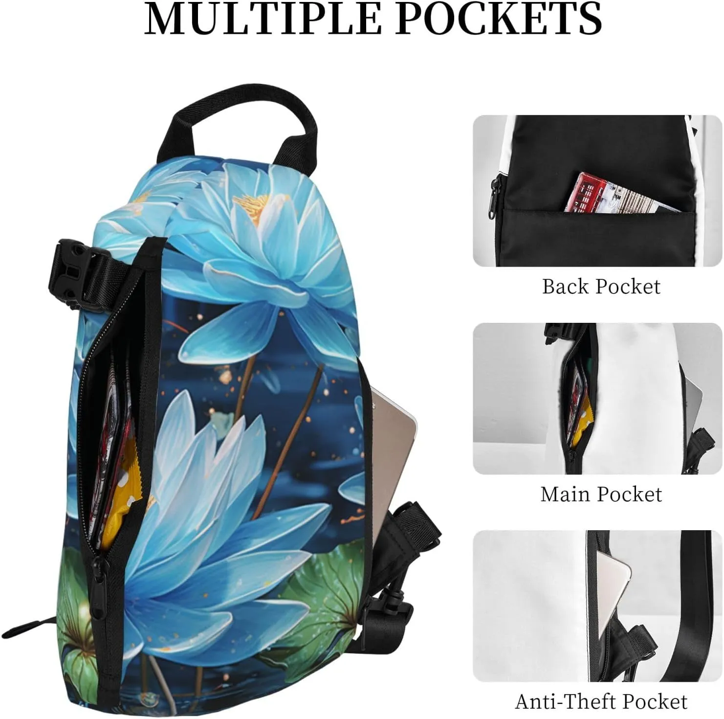 Sling Bag Crossbody Backpack for Men Women Blue dragonfly and lotus Chest Bag Crossbody Bag for Travel Sport Running