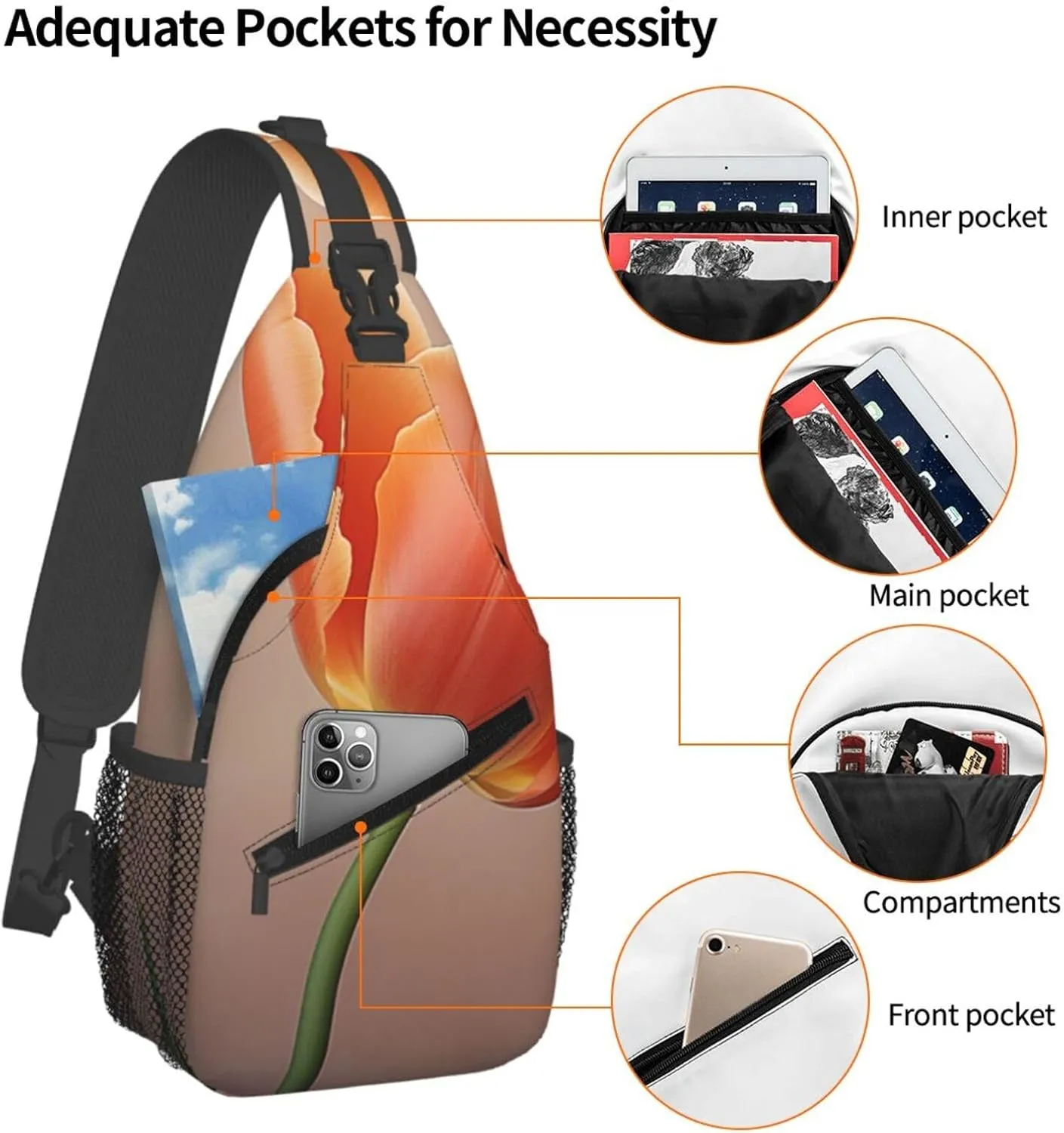 Sling Bag Crossbody Backpack for Men Women Orange tulip Chest Bag Crossbody Bag for Travel Sport Running