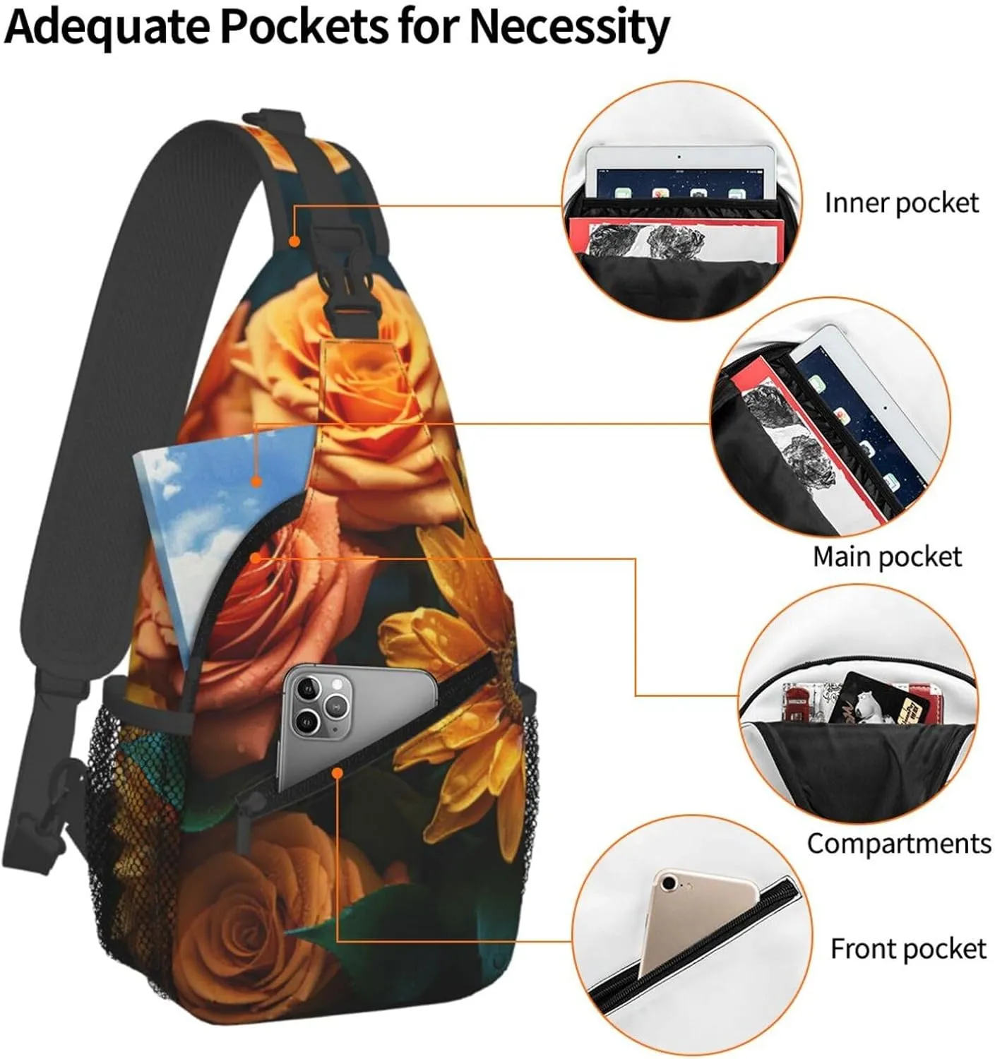 Sling Bag Crossbody Backpack for Men Women Sunflower and Rose Chest Bag Crossbody Bag for Travel Sport Running