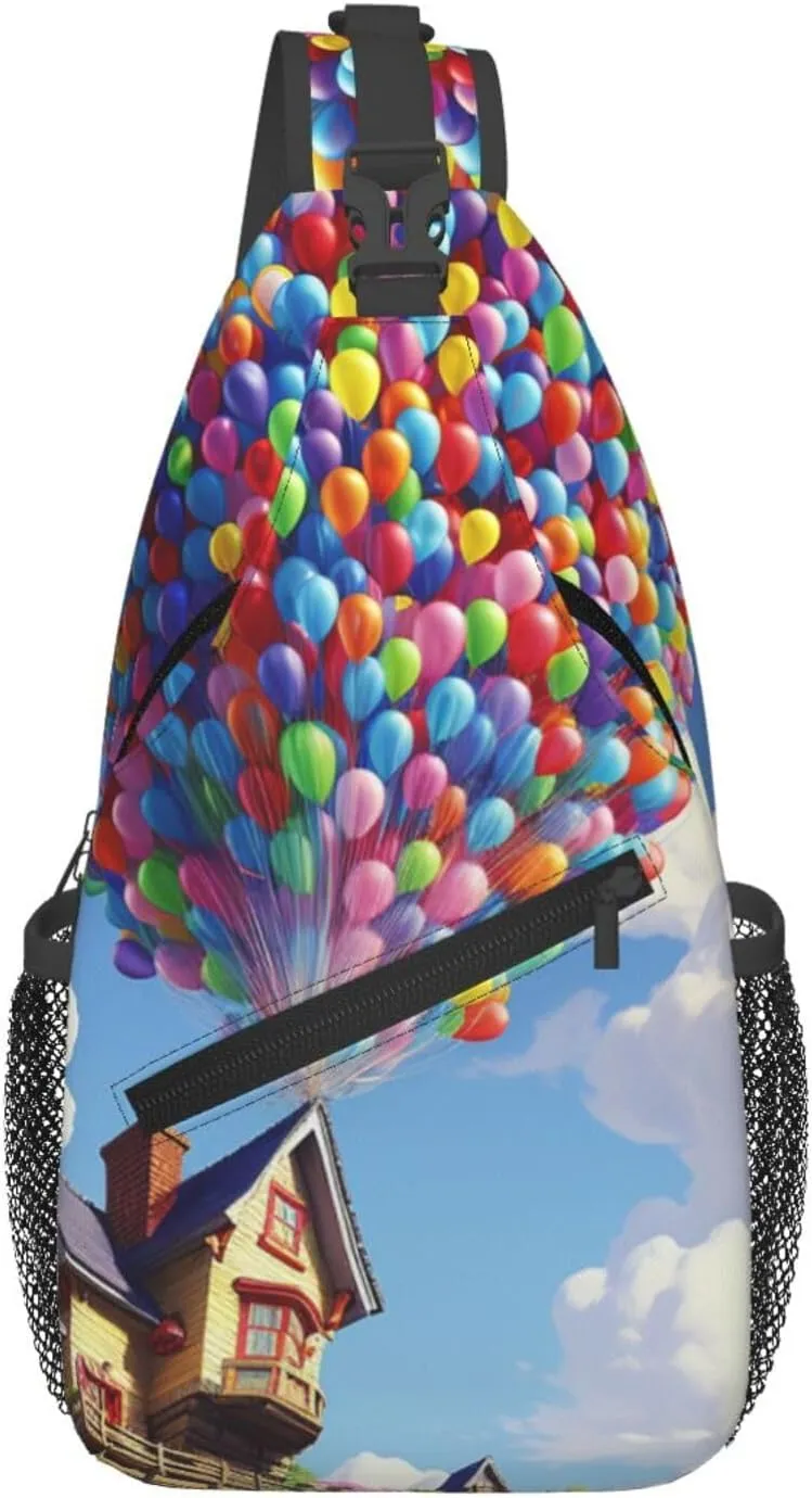 Sling Bag for Men Women Crossbody Backpack Colorful Balloon and house Crossbody Bag Chest Bag for Travel Sport