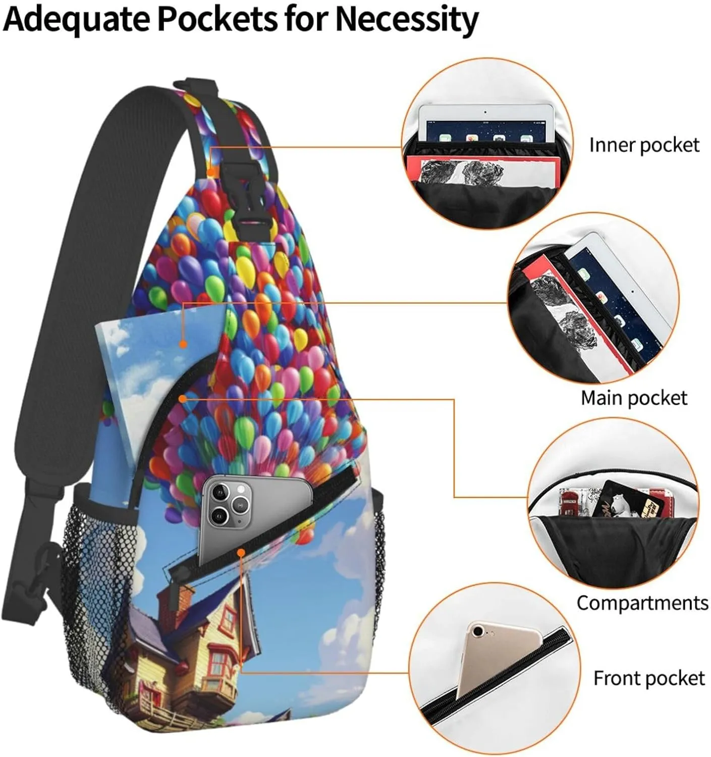 Sling Bag for Men Women Crossbody Backpack Colorful Balloon and house Crossbody Bag Chest Bag for Travel Sport