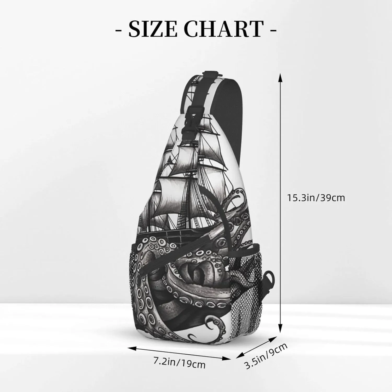 Sling Bag for Women Men Crossbody Bag Small Sling Backpack Black and White Octopus and Ship Chest Bag Hiking Daypack