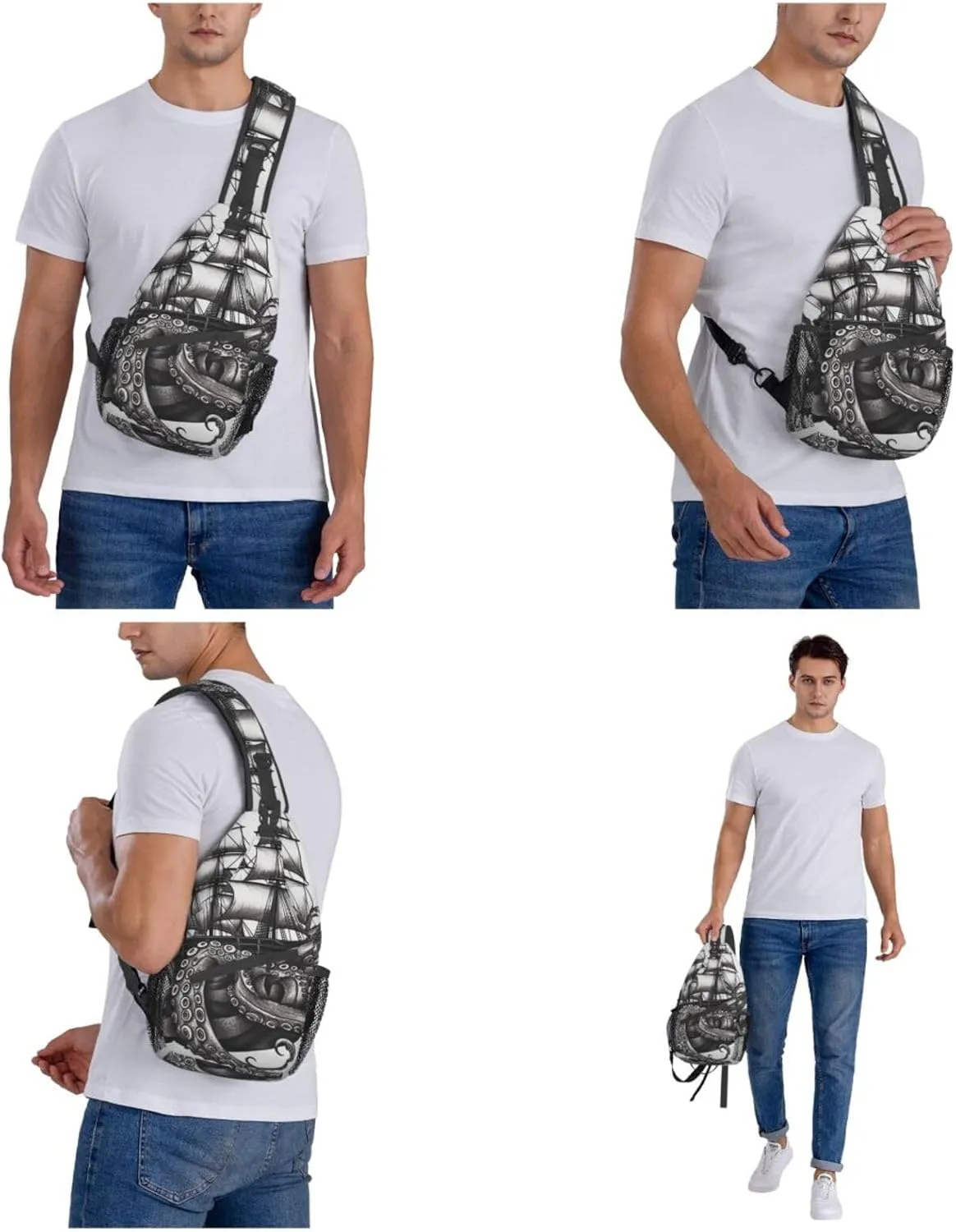 Sling Bag for Women Men Crossbody Bag Small Sling Backpack Black and White Octopus and Ship Chest Bag Hiking Daypack