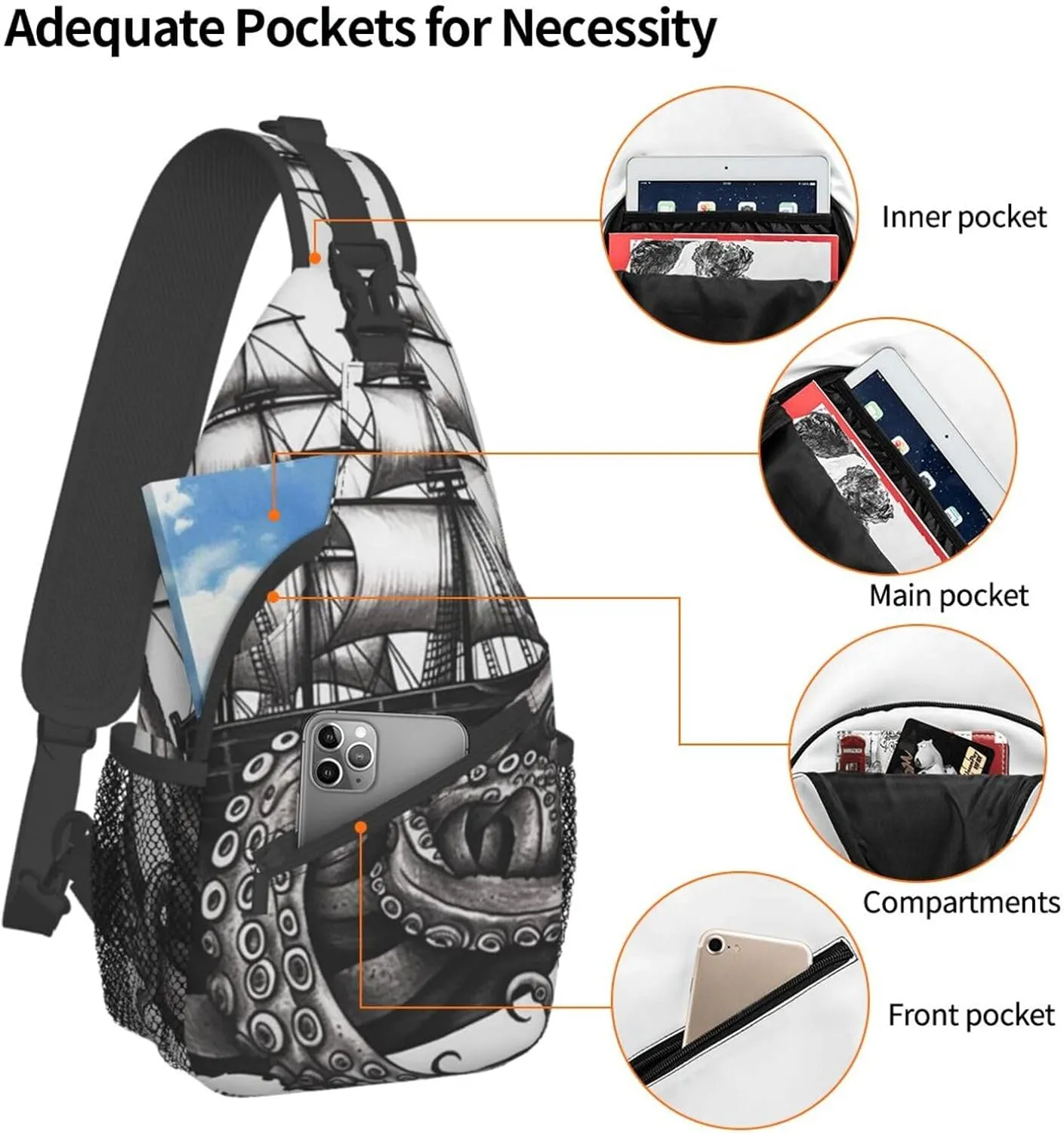 Sling Bag for Women Men Crossbody Bag Small Sling Backpack Black and White Octopus and Ship Chest Bag Hiking Daypack