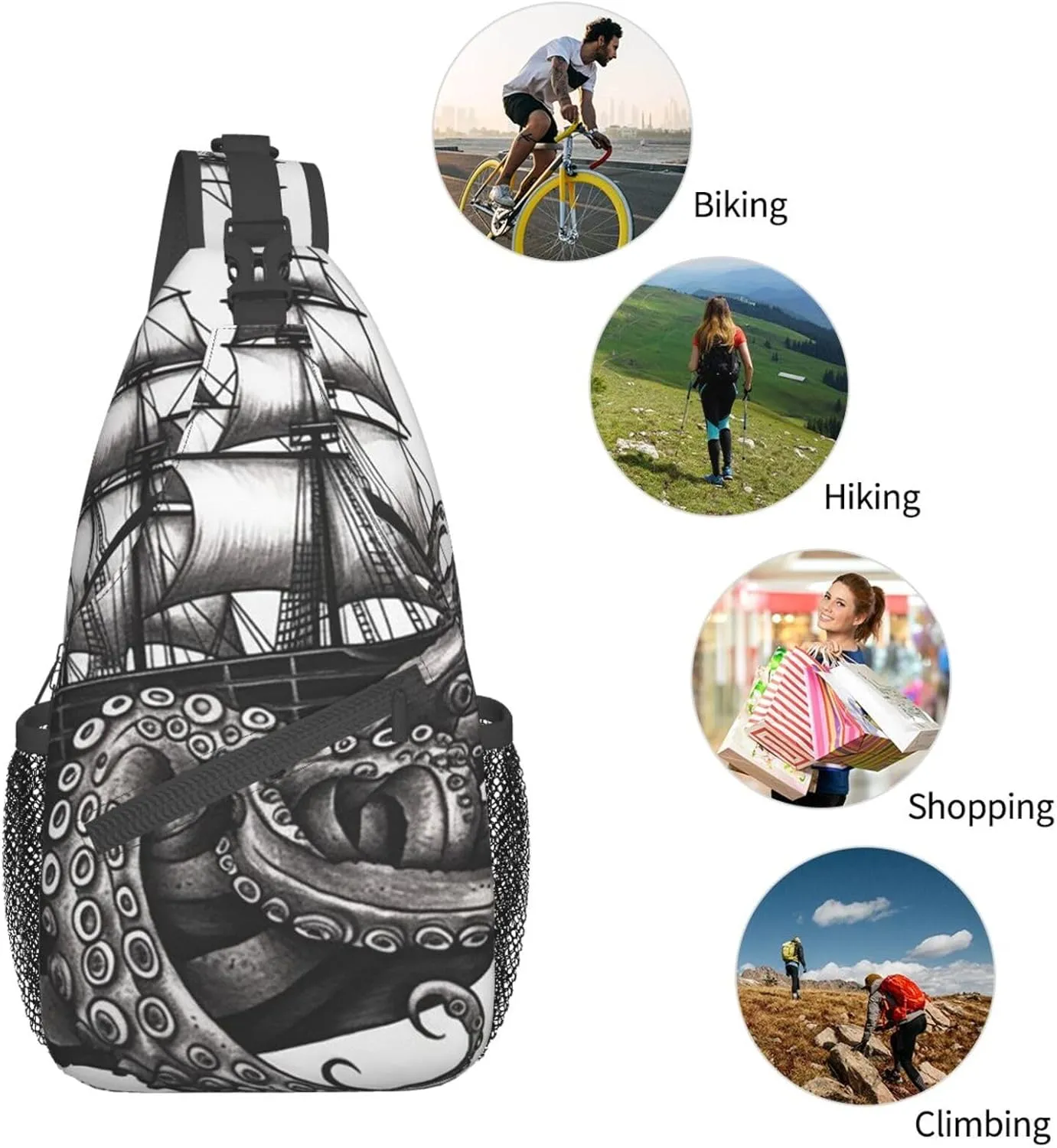 Sling Bag for Women Men Crossbody Bag Small Sling Backpack Black and White Octopus and Ship Chest Bag Hiking Daypack