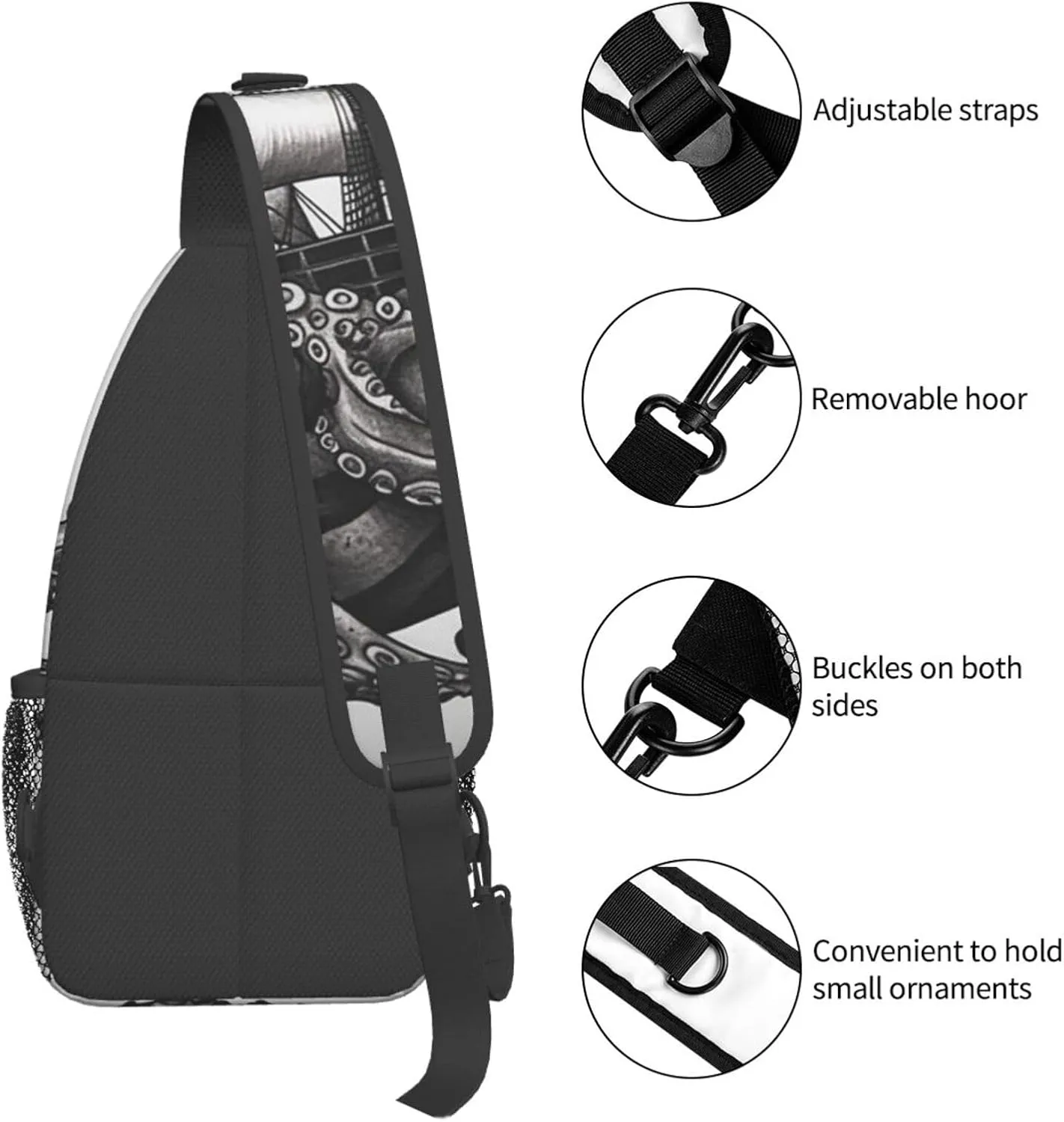 Sling Bag for Women Men Crossbody Bag Small Sling Backpack Black and White Octopus and Ship Chest Bag Hiking Daypack