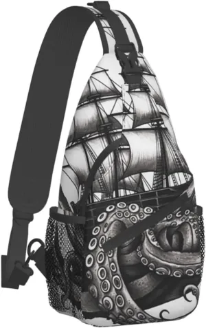 Sling Bag for Women Men Crossbody Bag Small Sling Backpack Black and White Octopus and Ship Chest Bag Hiking Daypack