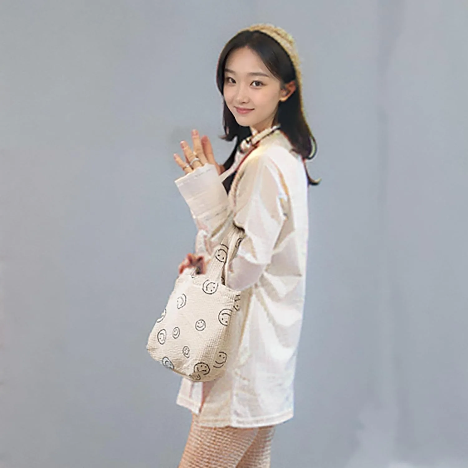Small Smiley Face Tote Bag, Corduroy Mini Bag for Women, Cute Preppy Aesthetic Reusable Grocery Bag