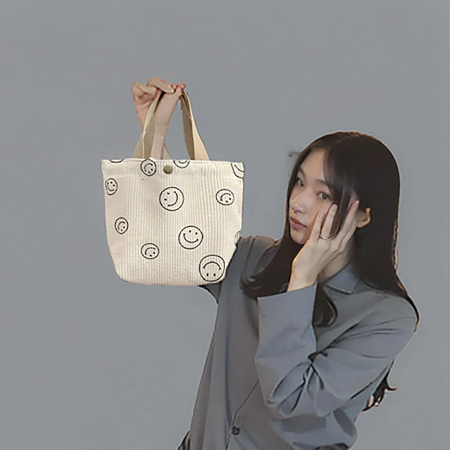 Small Smiley Face Tote Bag, Corduroy Mini Bag for Women, Cute Preppy Aesthetic Reusable Grocery Bag