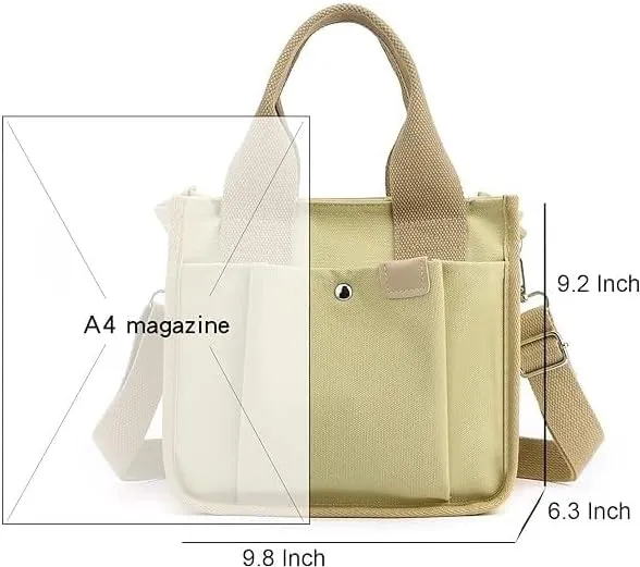 Small Tote Canvas Bags for Women with Zipper Multi-Pocket Crossbody Bag Shoulder Bag Hand Bag Casual Satchel Purse Daily Bag