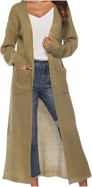 SMIDOW Womens Solid Open Front Long Cardigan Sweater with Slit Large Pockets Long Thin Coat Fall Casual Duster Outerwear