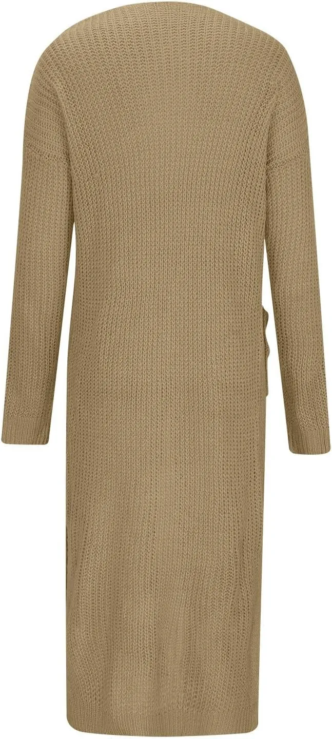 SMIDOW Womens Solid Open Front Long Cardigan Sweater with Slit Large Pockets Long Thin Coat Fall Casual Duster Outerwear