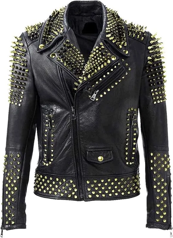 SpazeUp Mens Studded Leather Jacket - Motorcycle Leather Jacket With Spikes - Studded Spiked Leather Jackets Men