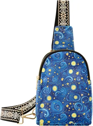 Star Starry Sky Full-Print Leather Fashion Waist Pack Small Crossbody Bag with Card Slots & Adjustable Strap for Biking Shopping Hiking Running & Casual Outings