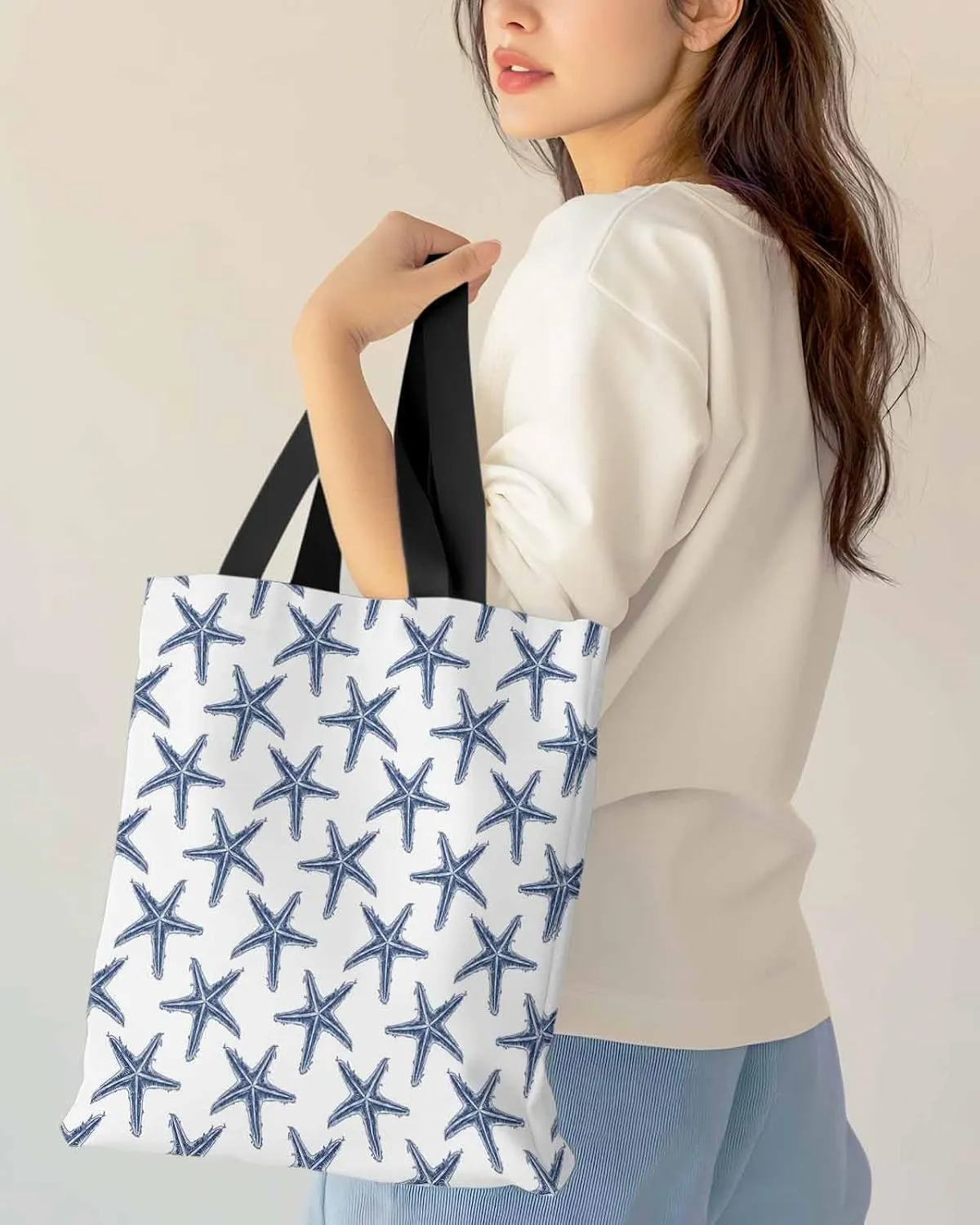 Starfish Canvas Tote Bag Summer Ocean Purple Starfish Shoulder Bag Casual Bag with Inner Pocket for Shopping Grocery Work