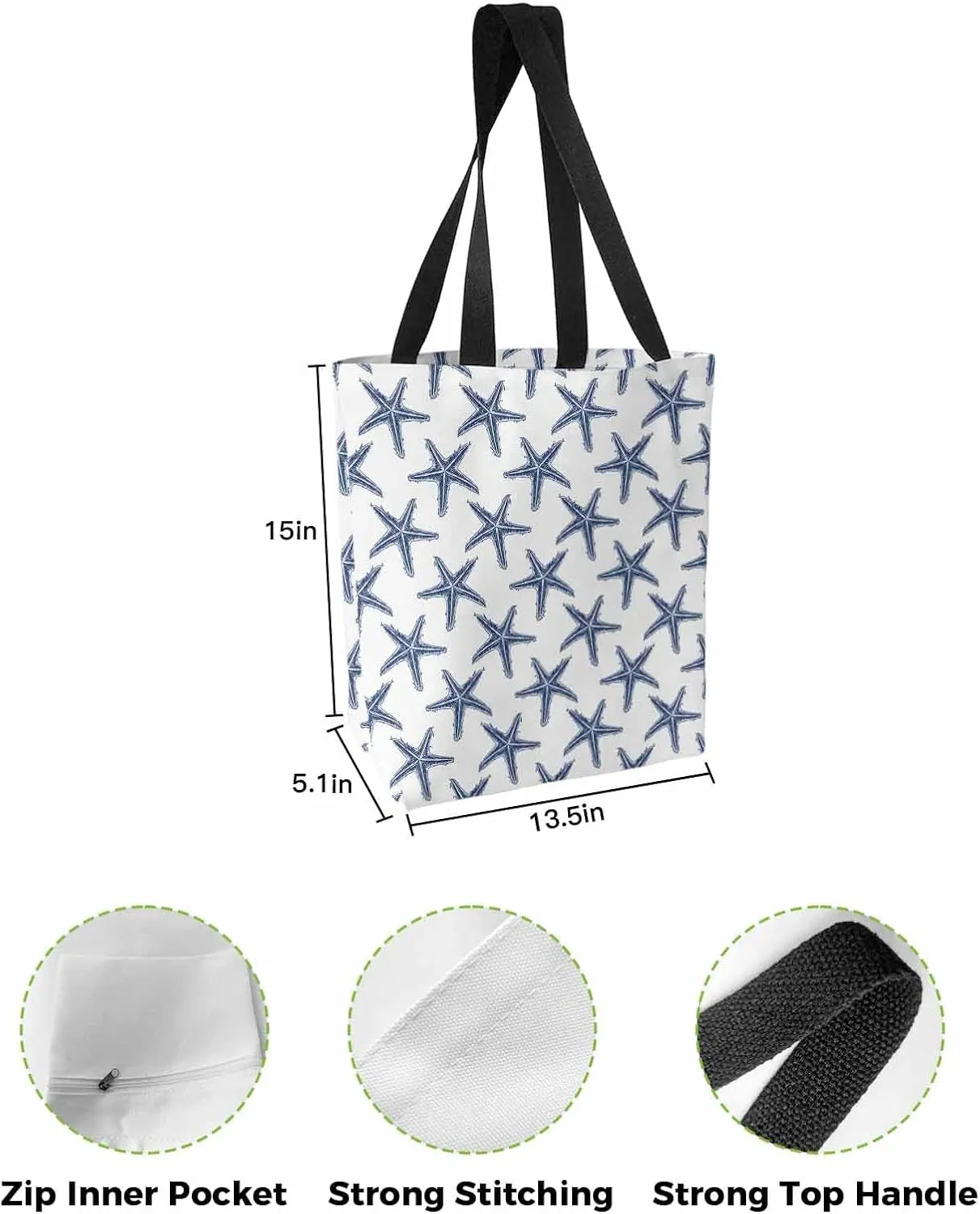 Starfish Canvas Tote Bag Summer Ocean Purple Starfish Shoulder Bag Casual Bag with Inner Pocket for Shopping Grocery Work