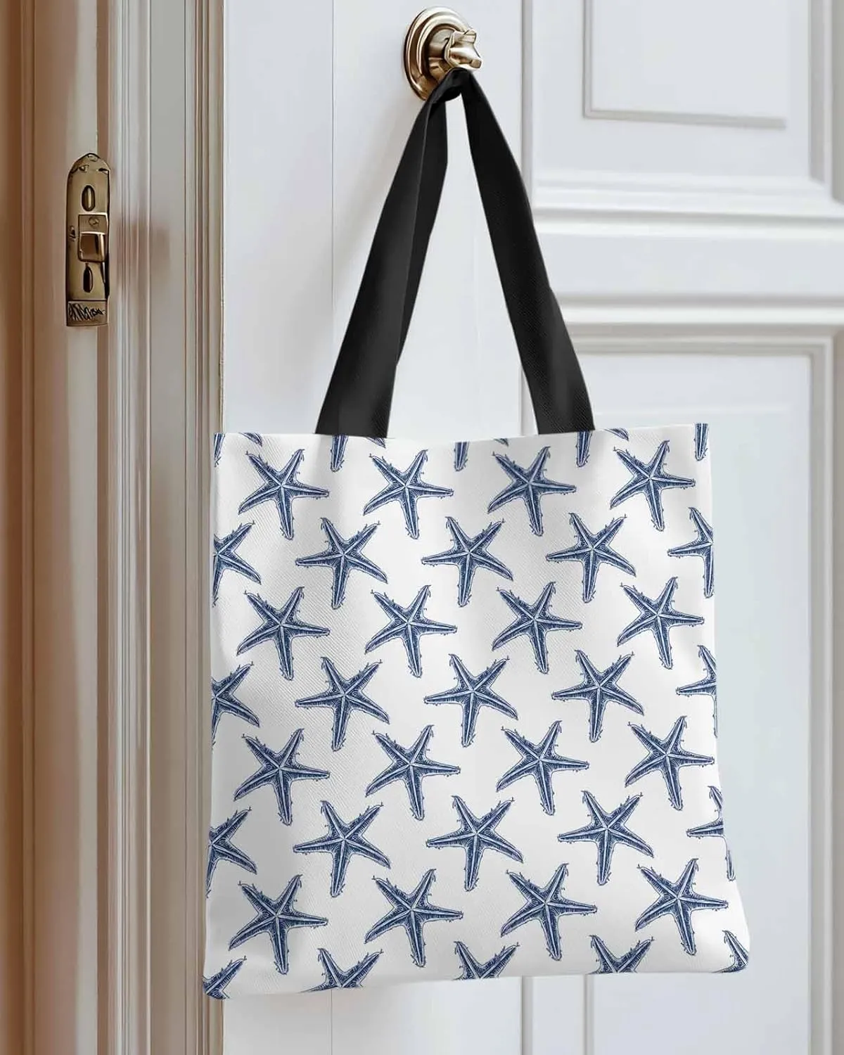 Starfish Canvas Tote Bag Summer Ocean Purple Starfish Shoulder Bag Casual Bag with Inner Pocket for Shopping Grocery Work