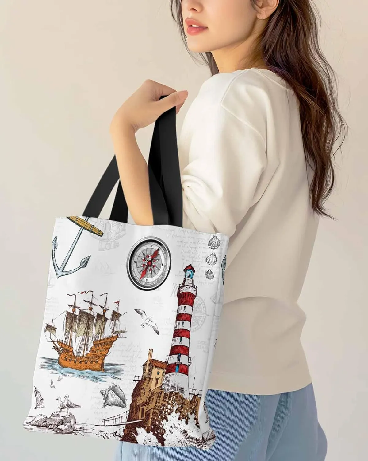Starfish Canvas Tote Bag Summer Ocean Purple Starfish Shoulder Bag Casual Bag with Inner Pocket for Shopping Grocery Work
