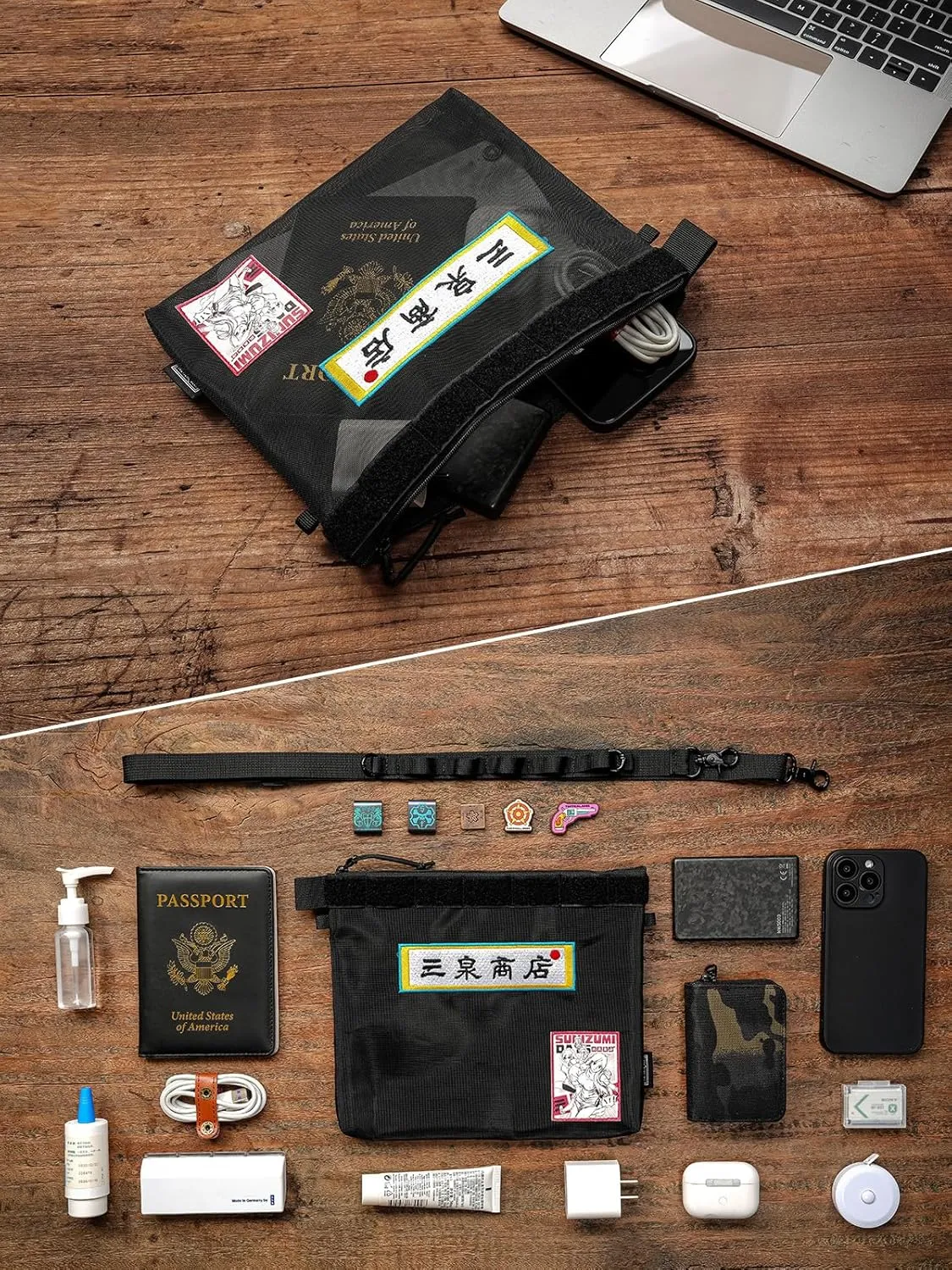 Storage A11 & Sunizumi Shoten Collaborative EDC Organizer Pouch: Manga-Style Semi-Transparent Mesh Bag for Digital Tool Organization (Black)