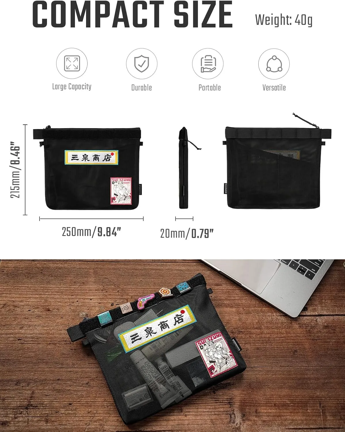 Storage A11 & Sunizumi Shoten Collaborative EDC Organizer Pouch: Manga-Style Semi-Transparent Mesh Bag for Digital Tool Organization (Black)