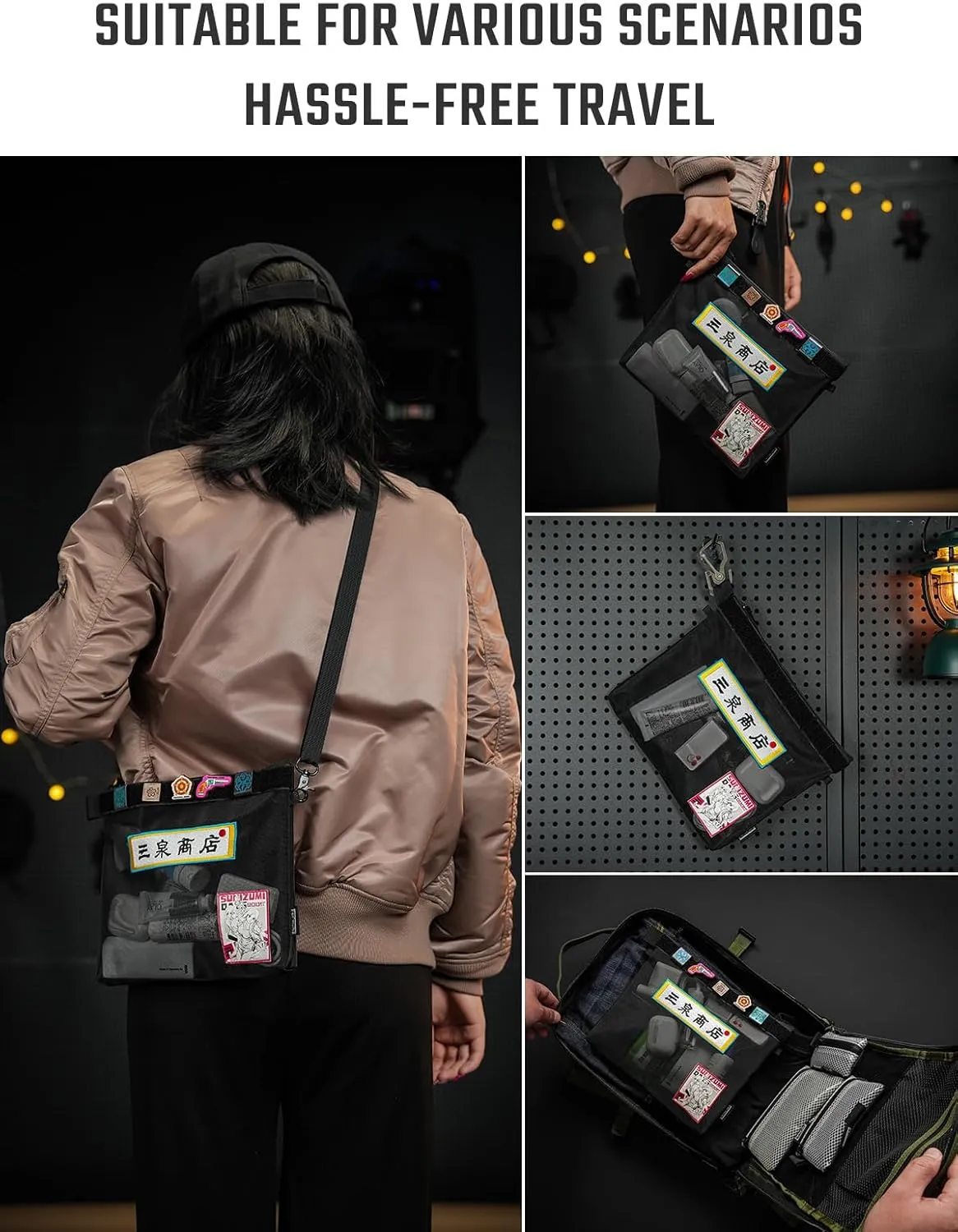 Storage A11 & Sunizumi Shoten Collaborative EDC Organizer Pouch: Manga-Style Semi-Transparent Mesh Bag for Digital Tool Organization (Black)