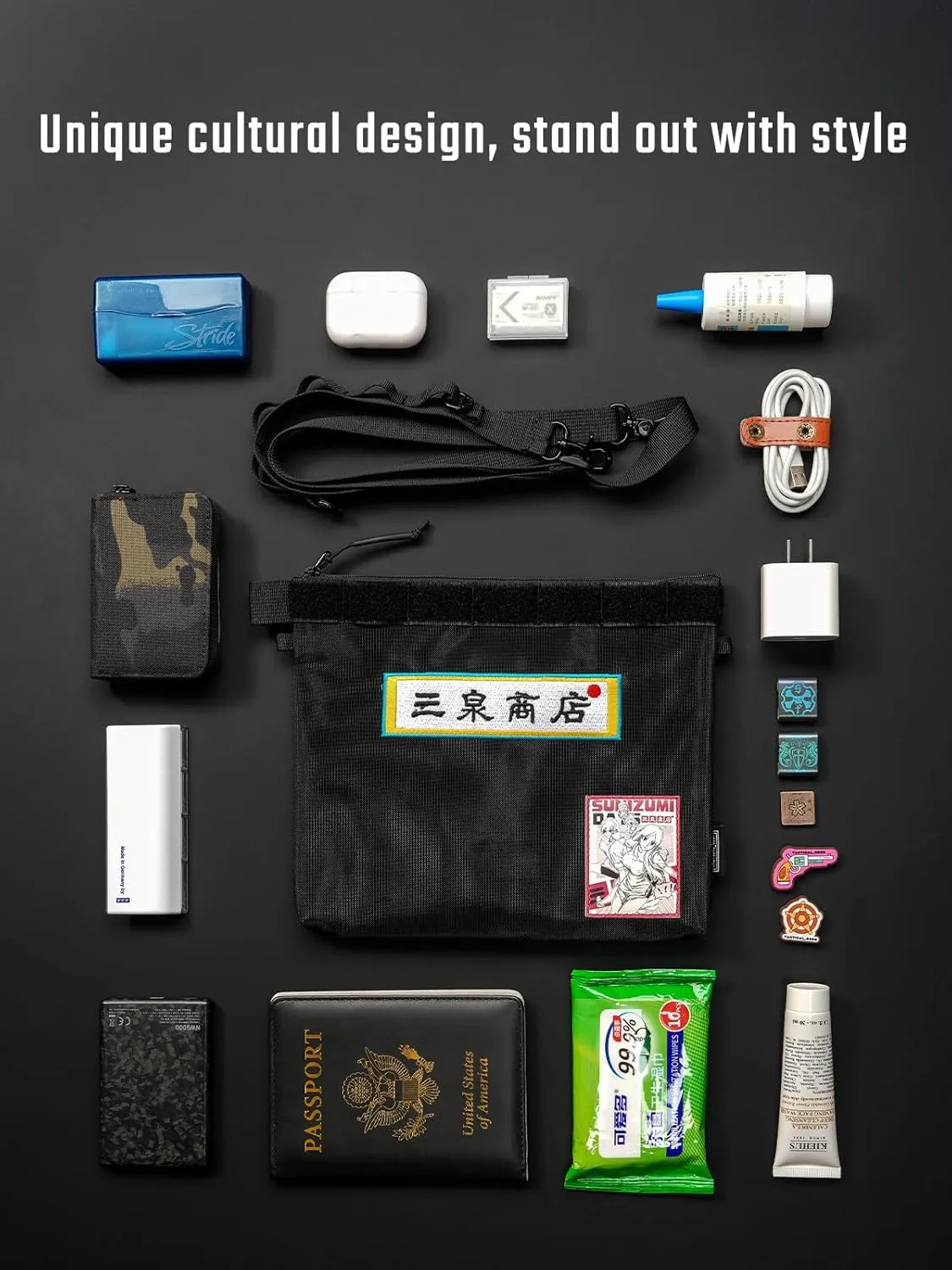 Storage A11 & Sunizumi Shoten Collaborative EDC Organizer Pouch: Manga-Style Semi-Transparent Mesh Bag for Digital Tool Organization (Black)