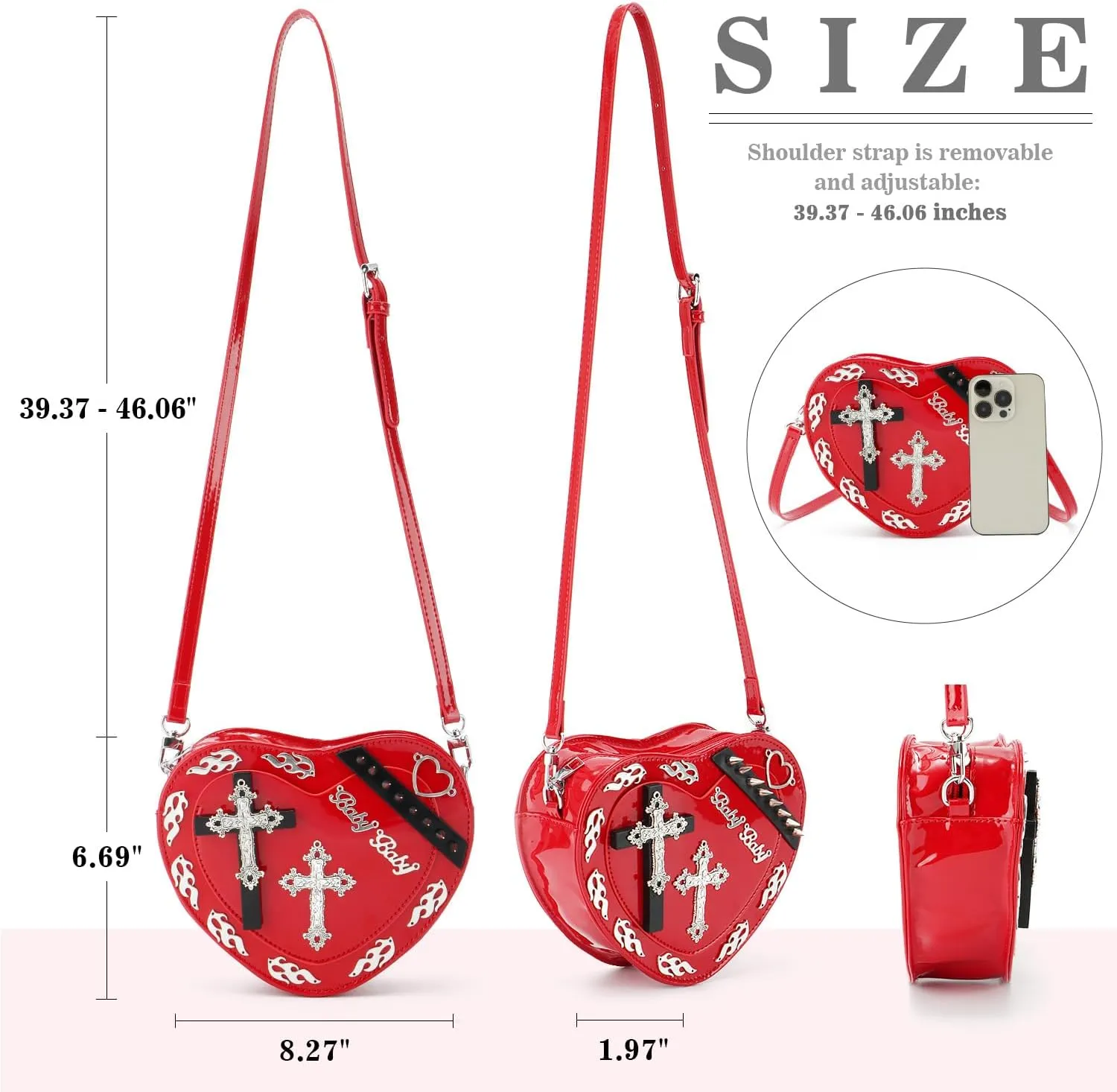 SUKUTU Women Gothic Punk Crossbody Bag Cute Heart Shaped Studded Shoulder Bag Purse