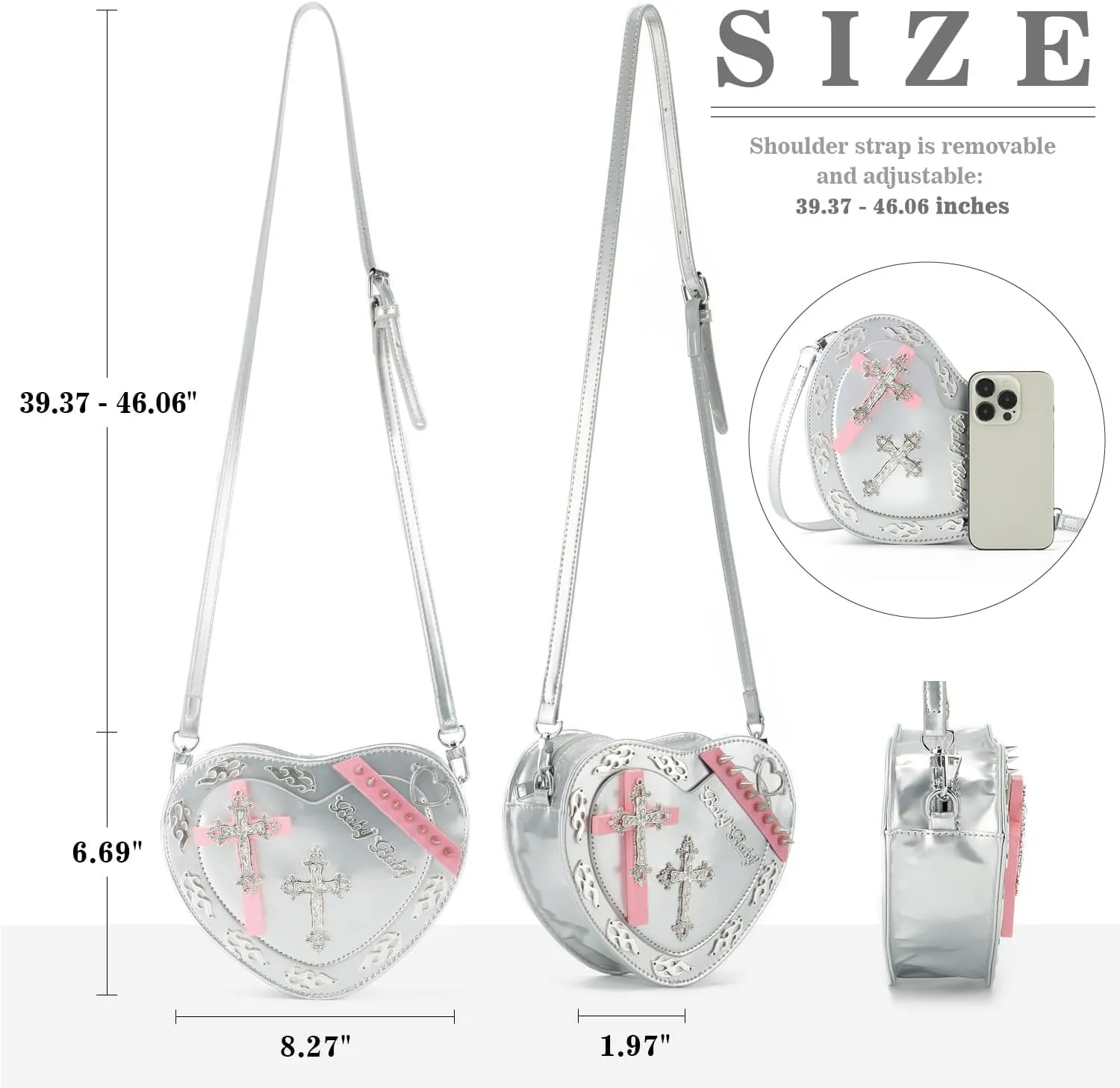SUKUTU Women Gothic Punk Crossbody Bag Cute Heart Shaped Studded Shoulder Bag Purse