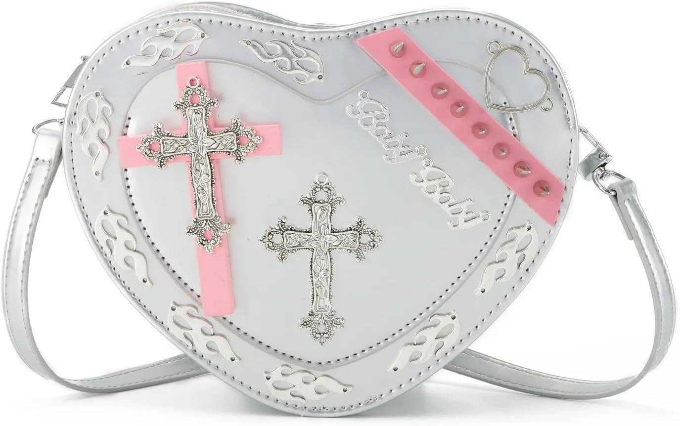 SUKUTU Women Gothic Punk Crossbody Bag Cute Heart Shaped Studded Shoulder Bag Purse
